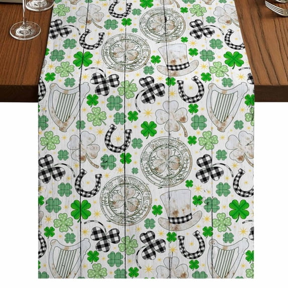 Table Runners 70 Inches Long Dress Scarves, St. Patrick's Day Farmhouse Coffee/Dining/Kitchen Table Decor, Holiday Table Runner, Green Black Plaid Clovers Wooden Grain 13x70 Inch