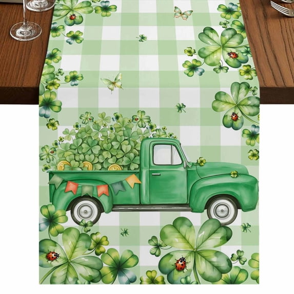 Table Runners 70 Inches Long Dress Scarves, St. Patrick's Day Farmhouse Coffee/Dining/Kitchen Table Decor, Holiday Table Runner, Green Shamrocks Truck Country Buffalo Plaid 13x70 Inch