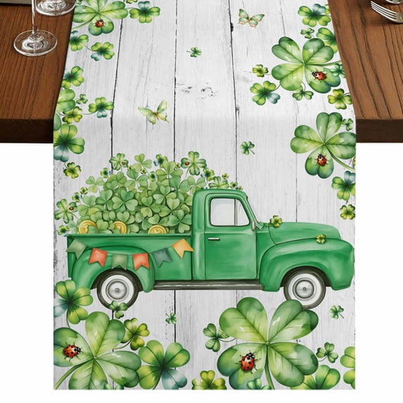 Table Runners 70 Inches Long Dress Scarves, St. Patrick's Day Farmhouse Coffee/Dining/Kitchen Table Decor, Holiday Table Runner, Green Shamrocks Truck Farmhouse Wood 13x70 Inch