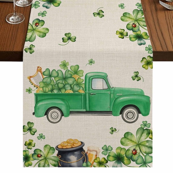 Table Runners 70 Inches Long Dress Scarves, St. Patrick's Day Farmhouse Coffee/Dining/Kitchen Table Decor, Holiday Table Runner, Green Truck Lucky Shamrocks Flags Retro 13x70 Inch
