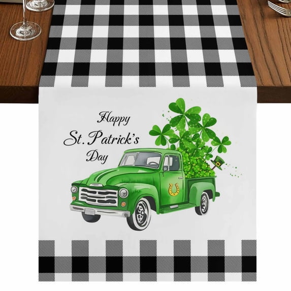 Table Runners 70 Inches Long Dress Scarves, St. Patrick's Day Farmhouse Coffee/Dining/Kitchen Table Decor, Holiday Table Runner, Spring Three Leaf Grass Truck Black Plaid 13x70 Inch