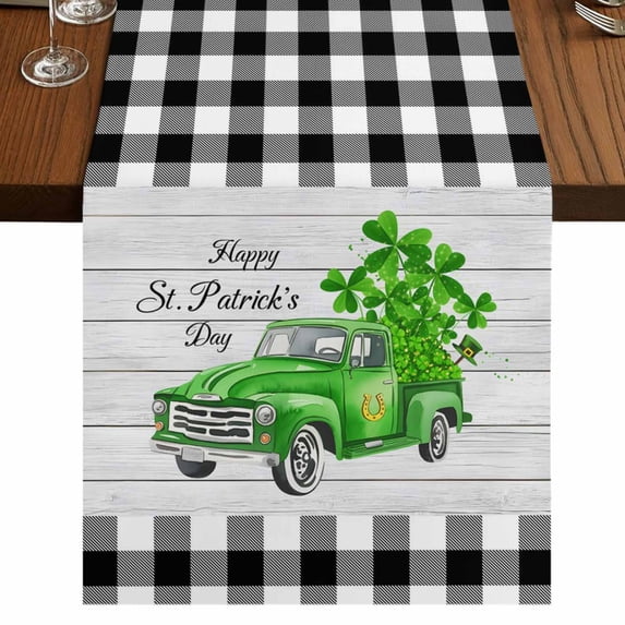 Table Runners 70 Inches Long Dress Scarves, St. Patrick's Day Farmhouse Coffee/Dining/Kitchen Table Decor, Holiday Table Runner, Spring Three Leaf Grass Truck Wood Plaid 13x70 Inch