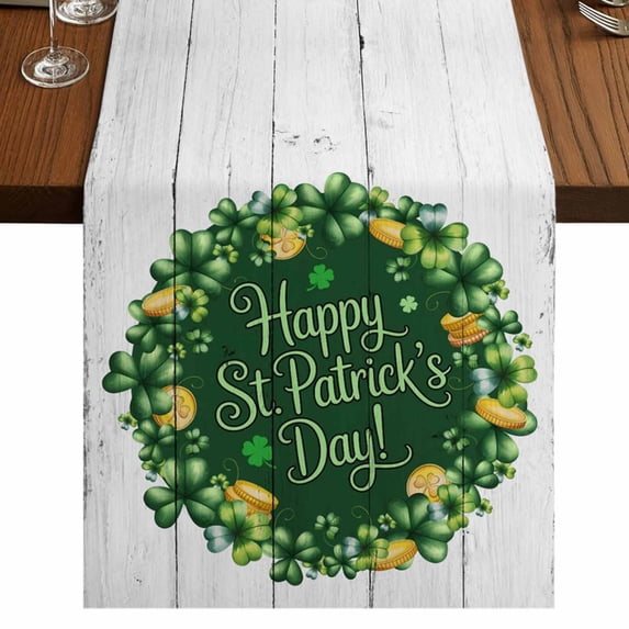 Table Runners 70 Inches Long Dress Scarves, St Patricks Day Farmhouse Coffee/Dining/Kitchen Table Decor, Holiday Table Runner, Spring Gold Coin Green Shamrock Wooden Grain 13x70 Inch