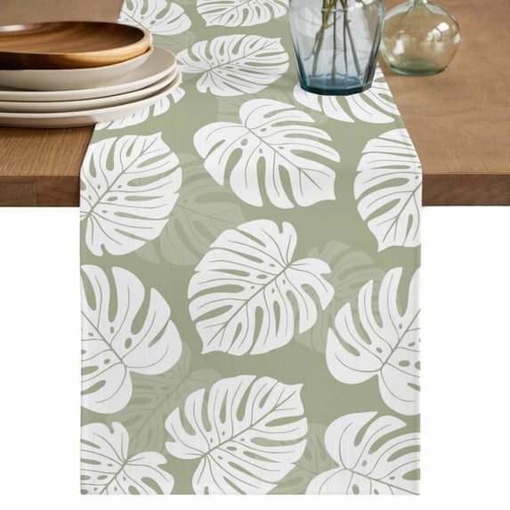 Table Runners 70 Inches Long Dress Scarves, Summer Monstera Leaves Farmhouse Coffee/Dining/Kitchen Table Decor, Holiday Table Runner, Modern Simple Botanical Sage Green 13x70 Inch
