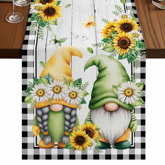 Table Runners 70 Inches Long Dress Scarves, Sunflower Gnomes Farmhouse Coffee/Dining/Kitchen Table Decor, Holiday Table Runner, Spring Farmhouse Daisy Leaf Wooden Grain 13x70 Inch