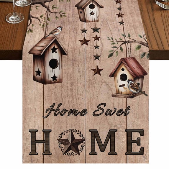 Table Runners 70 Inches Long Dress Scarves, Sweet Home Farmhouse Coffee/Dining/Kitchen Table Decor, Holiday Table Runner, Western Stars Bird Houses Brown Wooden Grain 13x70 Inch