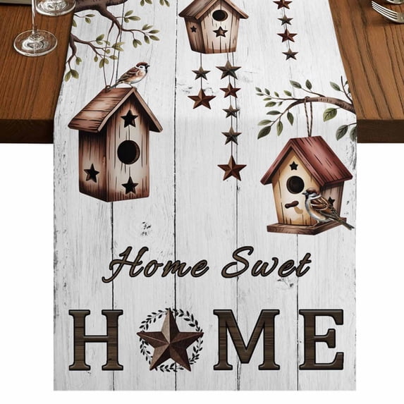Table Runners 70 Inches Long Dress Scarves, Sweet Home Farmhouse Coffee/Dining/Kitchen Table Decor, Holiday Table Runner, Western Stars Bird Houses White Wood Plank 13x70 Inch
