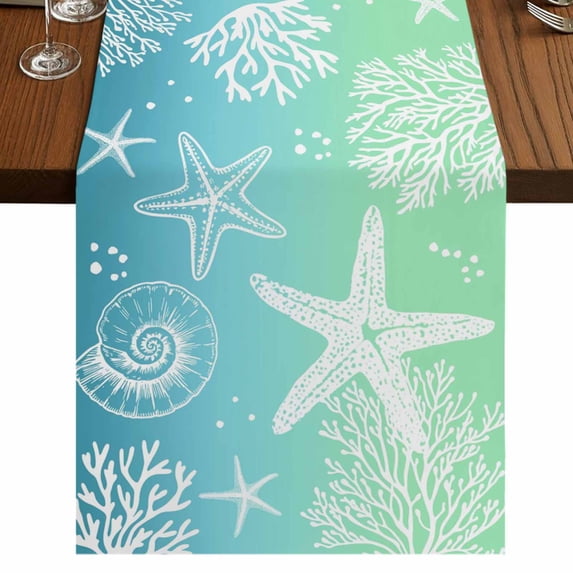 Table Runners 70 Inches Long Dress Scarves, Teal Blue Ombre Coastal Farmhouse Coffee/Dining/Kitchen Table Decor, Holiday Table Runner, Sea Nautical Summer Beach Starfish Coral 13x70 Inch