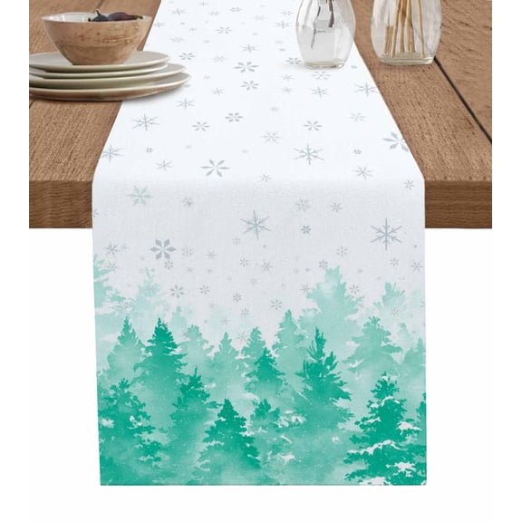 Table Runners 70 Inches Long Dress Scarves, Teal Green Christmas Farmhouse Coffee/Dining/Kitchen Table Decor, Holiday Table Runner, Winter Snowflake Abstract Forest Tree 13x70 Inch