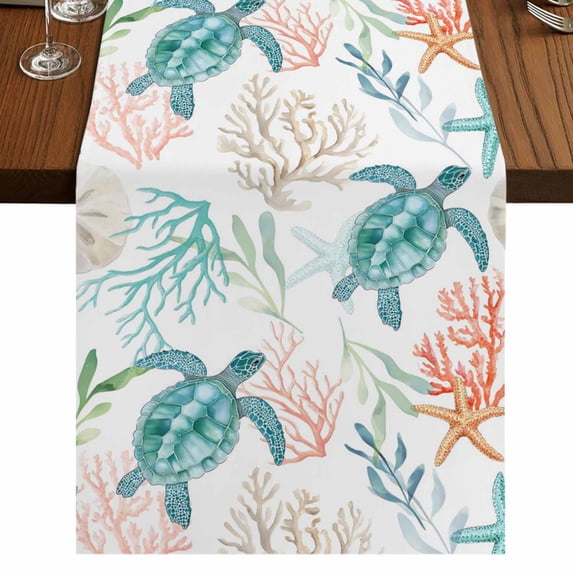 Table Runners 70 Inches Long Dress Scarves, Teal Red Coastal Farmhouse Coffee/Dining/Kitchen Table Decor, Holiday Table Runner, Beach Nautical Sea Turtle Coral Starfish 13x70 Inch