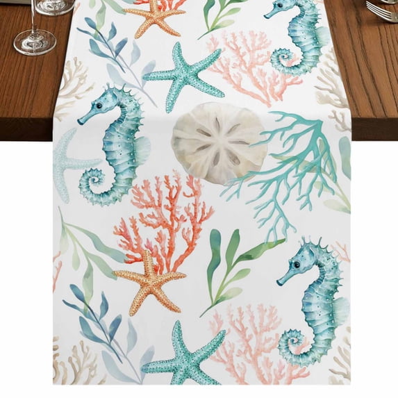 Table Runners 70 Inches Long Dress Scarves, Teal Red Seahorse Coastal Farmhouse Coffee/Dining/Kitchen Table Decor, Holiday Table Runner, Nautical Beach Coral Starfish 13x70 Inch