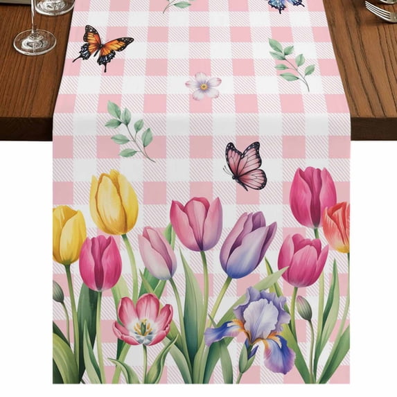 Table Runners 70 Inches Long Dress Scarves, Tulips Spring Floral Farmhouse Coffee/Dining/Kitchen Table Decor, Holiday Table Runner, Pink Plaid Flowers Butterfly Pastoral 13x70 Inch