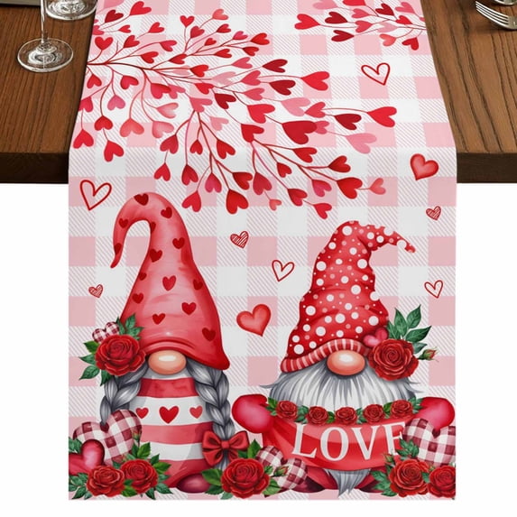 Table Runners 70 Inches Long Dress Scarves, Valentine's Day Farmhouse Coffee/Dining/Kitchen Table Decor, Holiday Table Runner, Loves Gnomes Roses Romantic Pink Plaid 13x70 Inch