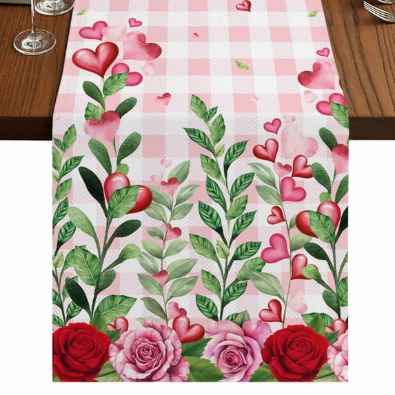Table Runners 70 Inches Long Dress Scarves, Valentine's Day Farmhouse Coffee/Dining/Kitchen Table Decor, Holiday Table Runner, Pink Red Roses Love Heart Eucalyptus Plaid 13x70 Inch