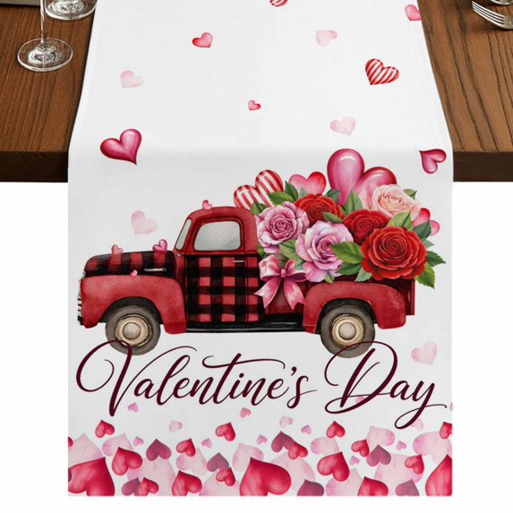 Table Runners 70 Inches Long Dress Scarves, Valentine's Day Farmhouse Coffee/Dining/Kitchen Table Decor, Holiday Table Runner, Pink Roses Car Love Hearts Romantic 13x70 Inch