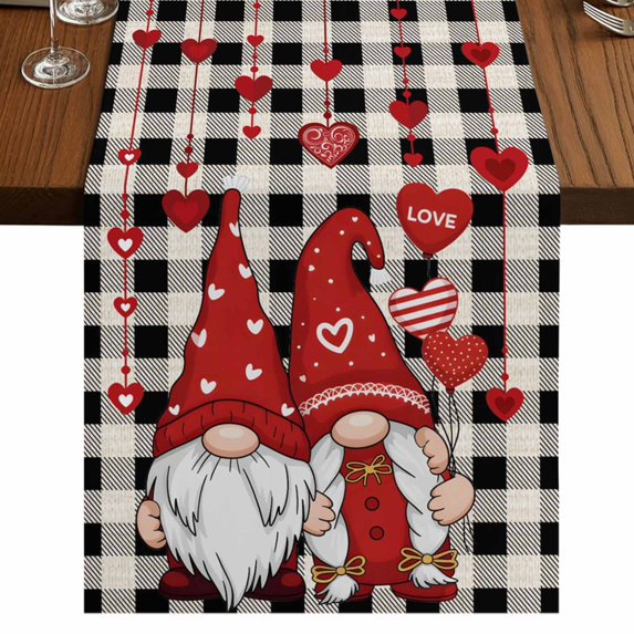 Table Runners 70 Inches Long Dress Scarves, Valentine's Day Farmhouse Coffee/Dining/Kitchen Table Decor, Holiday Table Runner, Red Gnomes Love Balloon Black White Plaid 13x70 Inch