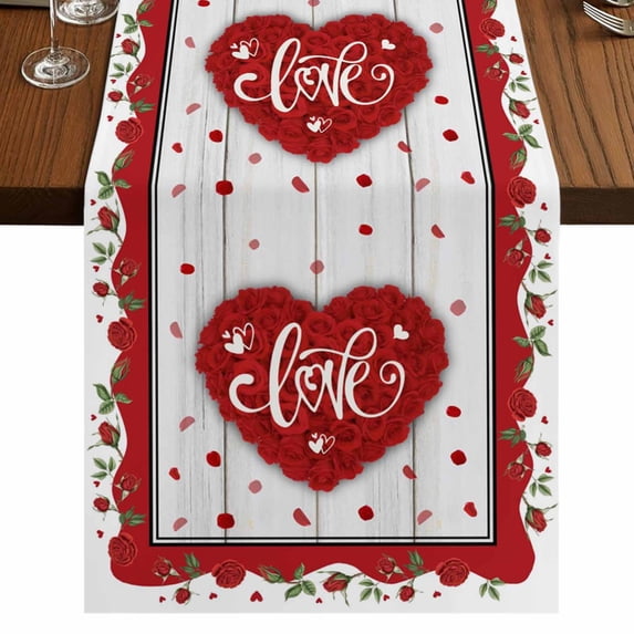 Table Runners 70 Inches Long Dress Scarves, Valentine's Day Farmhouse Coffee/Dining/Kitchen Table Decor, Holiday Table Runner, Red Love Heart Roses Romantic Wooden 13x70 Inch