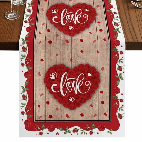 Table Runners 70 Inches Long Dress Scarves, Valentine's Day Farmhouse Coffee/Dining/Kitchen Table Decor, Holiday Table Runner, Red Love Heart Roses Romantic Vintage 13x70 Inch
