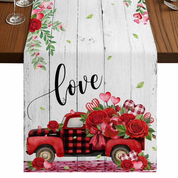 Table Runners 70 Inches Long Dress Scarves, Valentine's Day Farmhouse Coffee/Dining/Kitchen Table Decor, Holiday Table Runner, Red Plaid Truck Roses Love Leaves Wood 13x70 Inch
