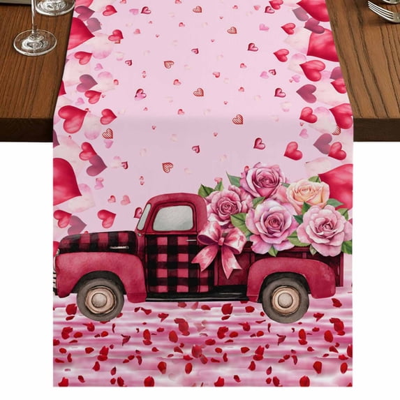 Table Runners 70 Inches Long Dress Scarves, Valentine's Day Farmhouse Coffee/Dining/Kitchen Table Decor, Holiday Table Runner, Romantic Love Roses Truck Ombre Pink 13x70 Inch