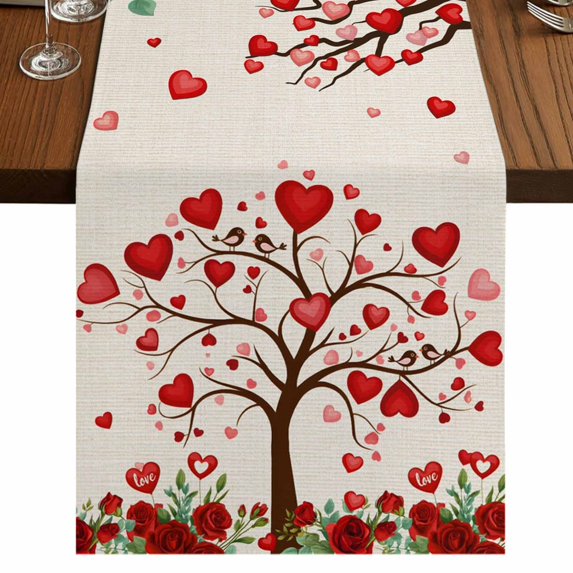 Table Runners 70 Inches Long Dress Scarves, Valentine's Day Farmhouse Coffee/Dining/Kitchen Table Decor, Holiday Table Runner, Romantic Love Trees Red Roses Beige 13x70 Inch