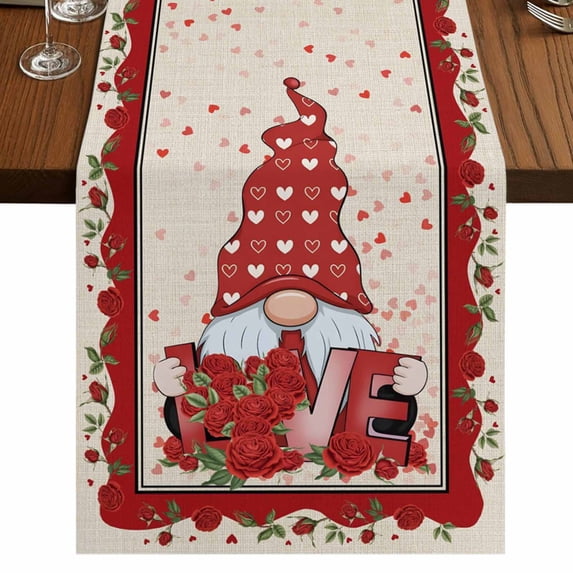 Table Runners 70 Inches Long Dress Scarves, Valentine's Day Farmhouse Coffee/Dining/Kitchen Table Decor, Holiday Table Runner, Romantic Roses Love Heart Gnomes Rustic 13x70 Inch