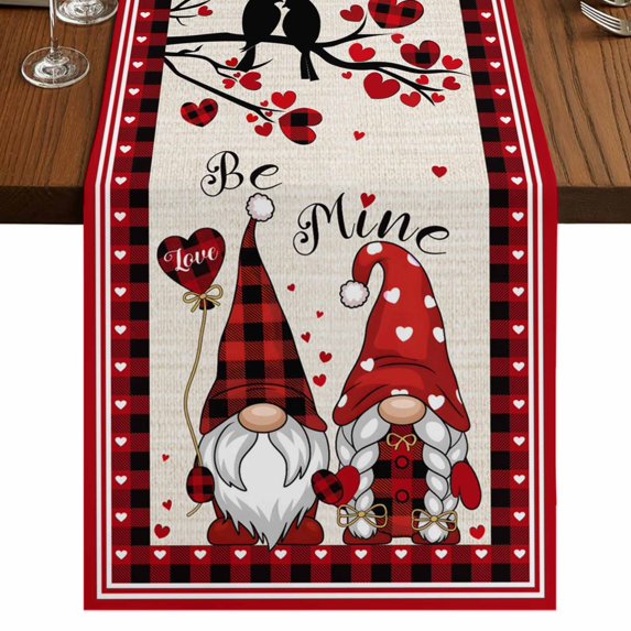 Table Runners 70 Inches Long Dress Scarves, Valentine's Day Farmhouse Coffee/Dining/Kitchen Table Decor, Holiday Table Runner, Rustic Red Gnomes Love Birds Trees Plaid 13x70 Inch