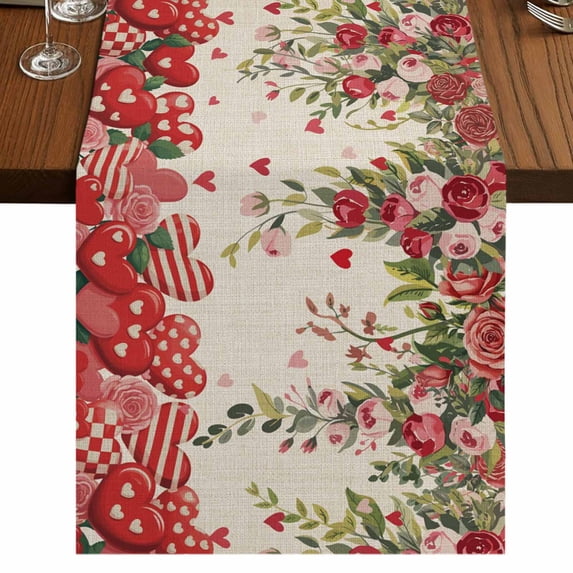 Table Runners 70 Inches Long Dress Scarves, Valentine's Day Farmhouse Coffee/Dining/Kitchen Table Decor, Holiday Table Runner, Spring Red Love Roses Floral Botanical Beige 13x70 Inch