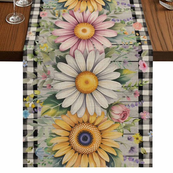 Table Runners 70 Inches Long Dress Scarves, Vintage Daisy Floral Farmhouse Coffee/Dining/Kitchen Table Decor, Holiday Table Runner, Spring Flowers Botanical Leaves Checkered Wooden 13x70 Inch