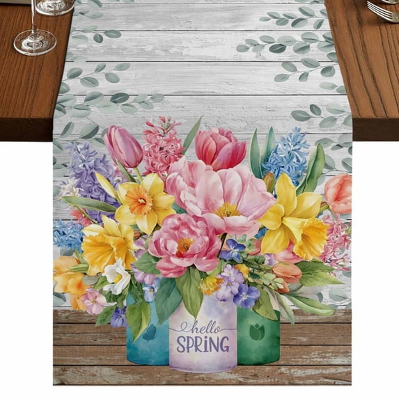 Table Runners 70 Inches Long Dress Scarves, Watercolor Floral Farmhouse Coffee/Dining/Kitchen Table Decor, Holiday Table Runner, Spring Botanical Flowers Leaves Wood Grain 13x70 Inch