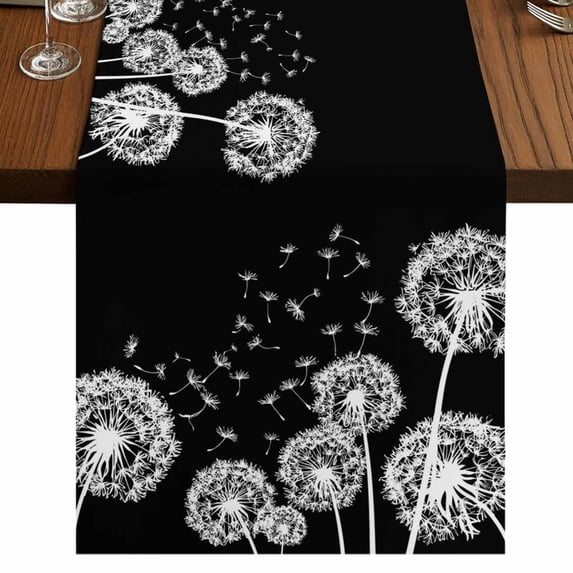 Table Runners 70 Inches Long Dress Scarves, White Dandelion Farmhouse Coffee/Dining/Kitchen Table Decor, Holiday Table Runner, Spring Flowers Botanical Vintage Black 13x70 Inch