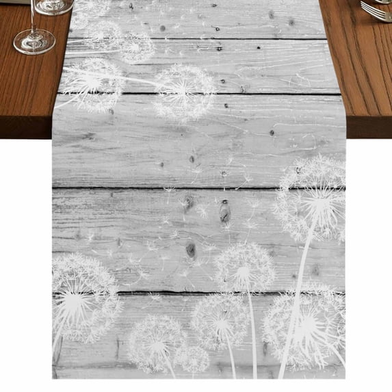 Table Runners 70 Inches Long Dress Scarves, White Dandelion Farmhouse Coffee/Dining/Kitchen Table Decor, Holiday Table Runner, Spring Flowers Plants Vintage Gray Wood 13x70 Inch