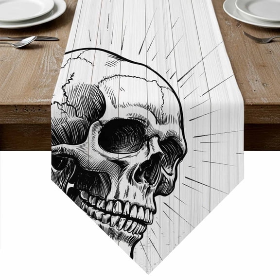 Table Runners 70 Inches Long, Horror Skull Cotton Linen Kitchen Dining Coffee Table Runner for Party Home Decor, Black Skeleton Spooky Halloween Tabletop Dresser Scarves Runner Decor 13x70 Inch