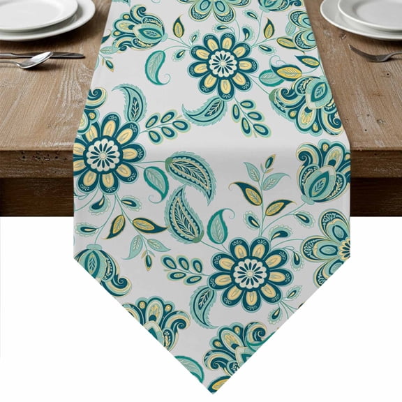 Table Runners 70 Inches Long, Paisley Floral Cotton Linen Kitchen Dining Coffee Table Runner for Party Home Decor, Teal Boho Ethnic Vintage Tribal Tabletop Dresser Scarves Runner Decor 13x70 Inch