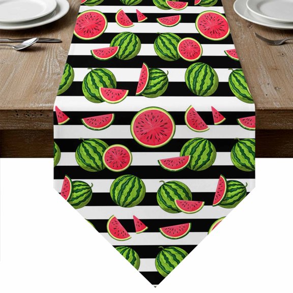 Table Runners 70 Inches Long, Red Green Watermelon Cotton Linen Kitchen Dining Coffee Table Runner for Party Home Decor, Watercolor Botanical Black White Stripe Tabletop Dresser Scarves 13x70 Inch