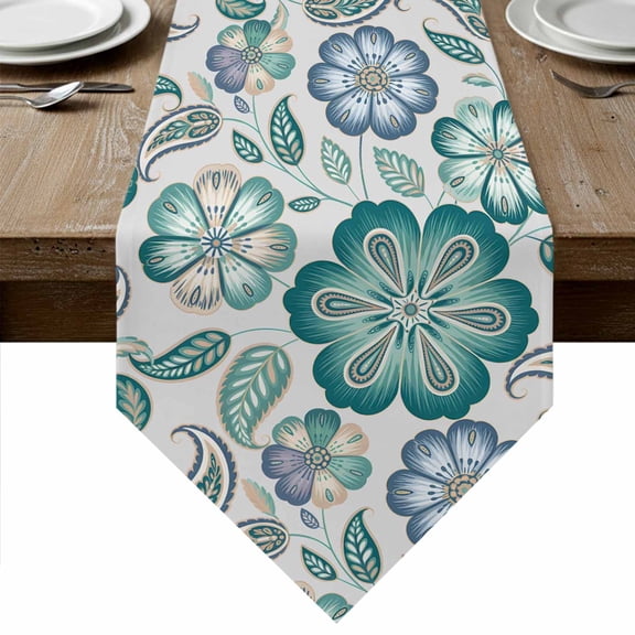 Table Runners 70 Inches Long, Teal Paisley Pattern Cotton Linen Kitchen Dining Coffee Table Runner for Party Home Decor, Boho Ethnic Floral Traditional Tabletop Dresser Scarves Runner 13x70 Inch