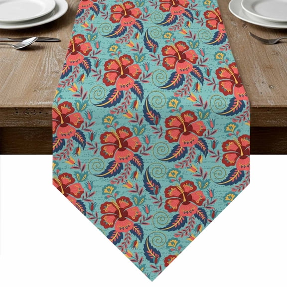 Table Runners 70 Inches Long, Teal Red Boho Floral Cotton Linen Kitchen Dining Coffee Table Runner for Party Home Decor, Vintage Southwestern Ethnic Tribe Tabletop Dresser Scarves Runner 13x70 Inch