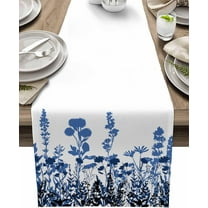 Table Runners 71 Inches Long Blue Flower Cotton Linens Party Coffee Table Runner Cloth for Wedding Dinning Holiday Retro Flower Spring Summer Washable Table Dressers Scarves Decor,13" Wide