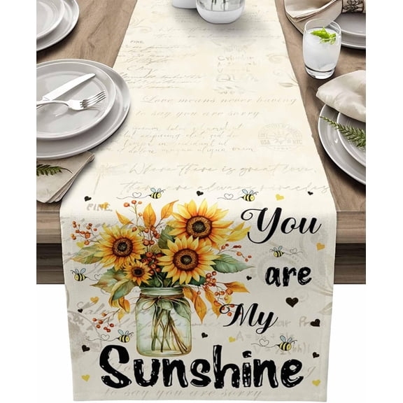 Table Runners 71 Inches Long Farmhouse Sunflower Bee Cotton Linens Party Coffee Table Runner Cloth for Wedding Dinning Holiday Vintage Washable Table Dressers Scarves Decor,13" Wide
