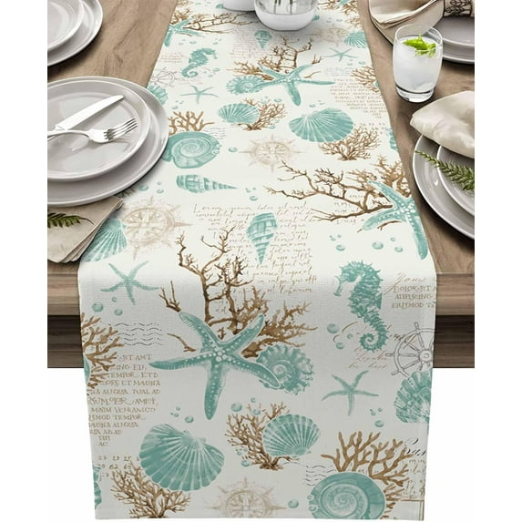 Table Runners 71 Inches Long Watercolor Coral Starfish Shell Cotton Linens Party Coffee Table Runner Cloth for Wedding Dinning Holiday Teal Ocean Retro Washable Table Dressers Scarves Decor,13" Wide