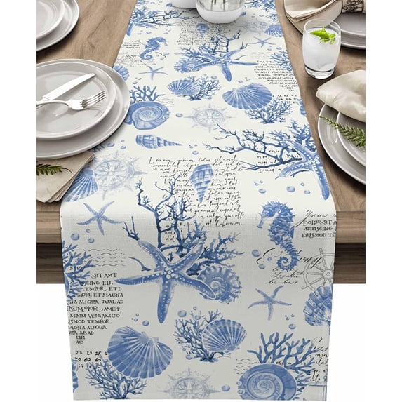 Table Runners 71 Inches Long Watercolor Ocean Starfish Coral Cotton Linens Party Coffee Table Runner Cloth for Wedding Dinning Holiday Summer Retro Washable Table Dressers Scarves Decor,13" Wide