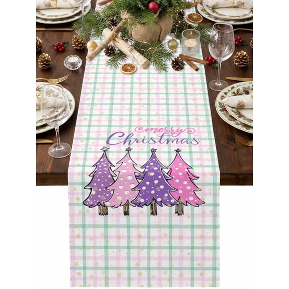Table Runners-72 Inch Long,Pink Christmas Tree Gold Snowflakes Linen Dresser Scarves Dining Table Runner Sage Green Stripes Tabletop Scarf for Home Kitchen Holiday Party Decor