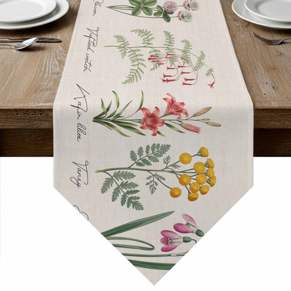 Table Runners 72 Inches Long, Botanical Flowers Cotton Linen Kitchen Dining Coffee Table Runner for Party Home Decor, Farmhouse Colorful Floral Illustration Tabletop Dresser Scarves 13x72 Inch