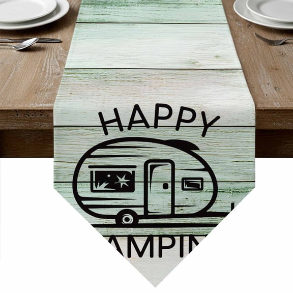 Table Runners 72 Inches Long, Camping Car Cotton Linen Kitchen Dining Coffee Table Runner for Party Home Decor, Farmhouse Cabin Retro Green Wooden Grain Tabletop Dresser Scarves Runner 16x72 Inch
