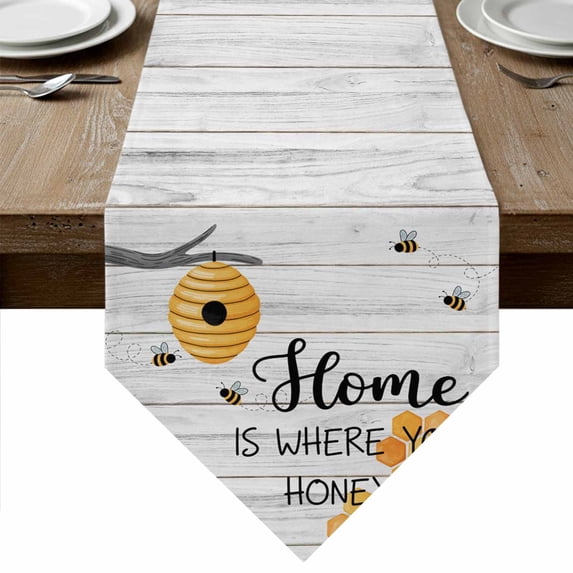 Table Runners 72 Inches Long, Cartoon Bee Cotton Linen Kitchen Dining Coffee Table Runner for Party Home Decor, Country Vintage Branches Greyish Wooden Grain Tabletop Dresser Scarves 14x72 Inch