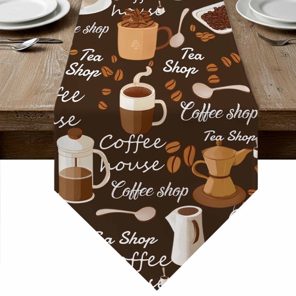 Table Runners 72 Inches Long, Coffee Cotton Linen Kitchen Dining Coffee Table Runner for Party Home Decor, Brown Retro Coffee Theme Beans Latte Tea Cup Tabletop Dresser Scarves Runner 14x72 Inch