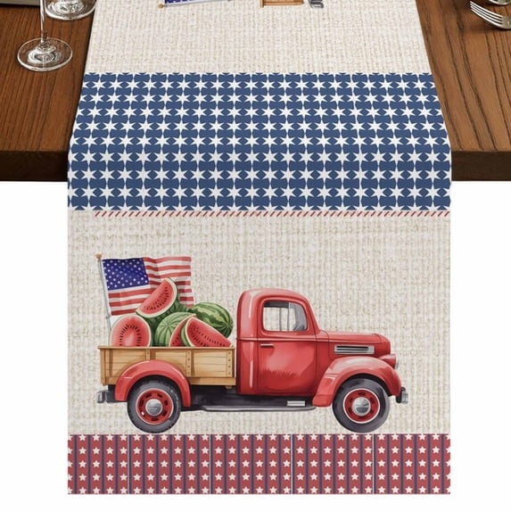 Table Runners 72 Inches Long Dress Scarves, 4th of July Farmhouse Kitchen Table Runner, Coffee Tablerunners, Red Truck Watermelon Patriotic Star USA Flag 14x72 Inch
