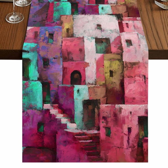 Table Runners 72 Inches Long Dress Scarves, Abstract Red Farmhouse Kitchen/Dining Table Runner, Coffee Tablerunners, Painting Buildings Geometric Color Block 16x72 Inch