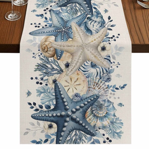 Table Runners 72 Inches Long Dress Scarves, Blue Coastal Starfish Farmhouse Kitchen/Dining Table Runner, Coffee Tablerunners, Beach Nautical Shell Eucalyptus Rustic 14x72 Inch