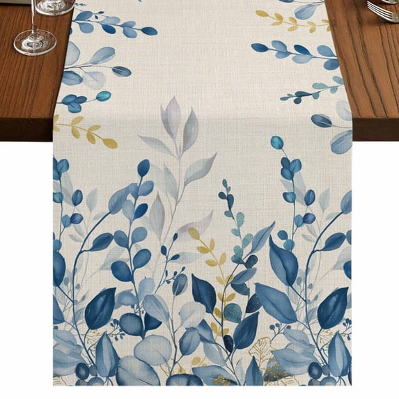 Table Runners 72 Inches Long Dress Scarves, Blue Eucalyptus Farmhouse Kitchen/Dining Table Runner, Coffee Tablerunners, Farmhouse Weeping Leaves Linen 13x72 Inch